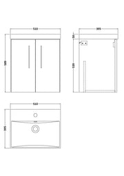 Nuie Arno Wall Hung vanity unit with Thin Edge basin - 500mm (2 Doors) - dimensioned line drawing