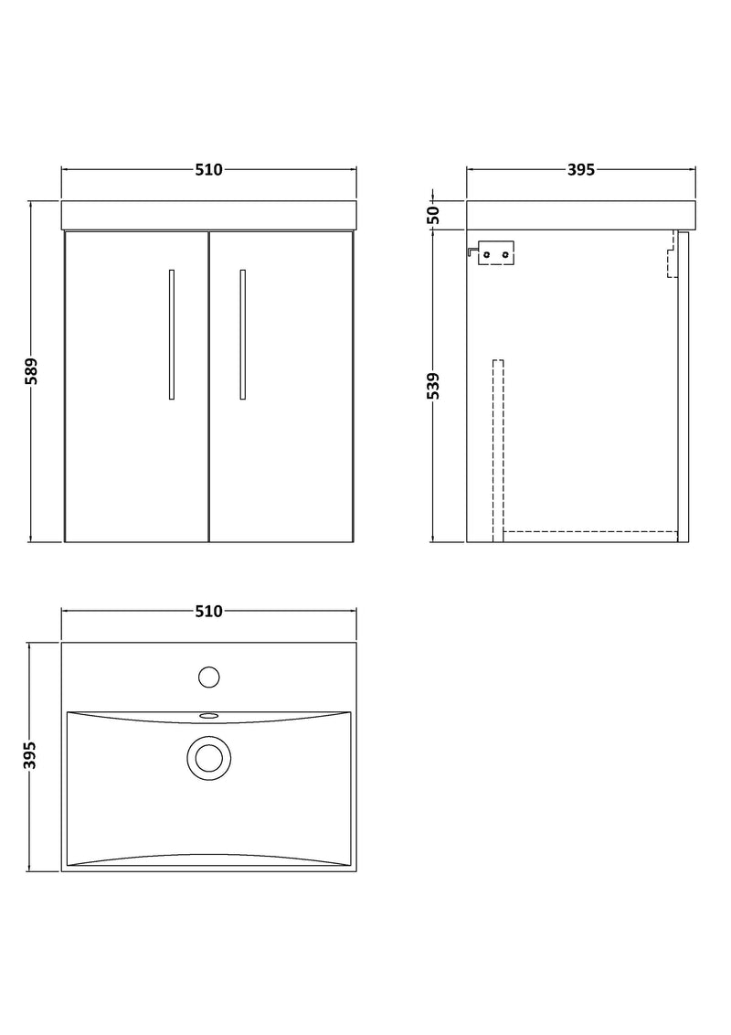 Nuie Arno Wall Hung vanity unit with Thin Edge basin - 500mm (2 Doors) - dimensioned line drawing