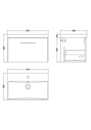 Nuie Arno Wall Hung vanity unit with Thin Edge basin - 600mm (1 Drawer) - dimensioned line drawing