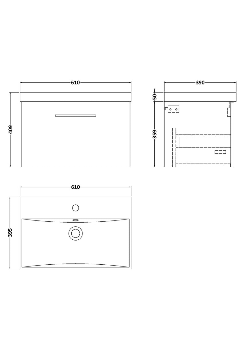Nuie Arno Wall Hung vanity unit with Thin Edge basin - 600mm (1 Drawer) - dimensioned line drawing