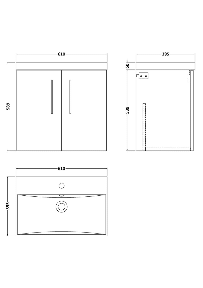 Nuie Arno Wall Hung vanity unit with Thin Edge basin - 600mm (2 Doors) - dimensioned line drawing