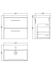 Nuie Arno Wall Hung vanity unit with Thin Edge basin - 600mm (2 Drawers) - dimensioned line drawing