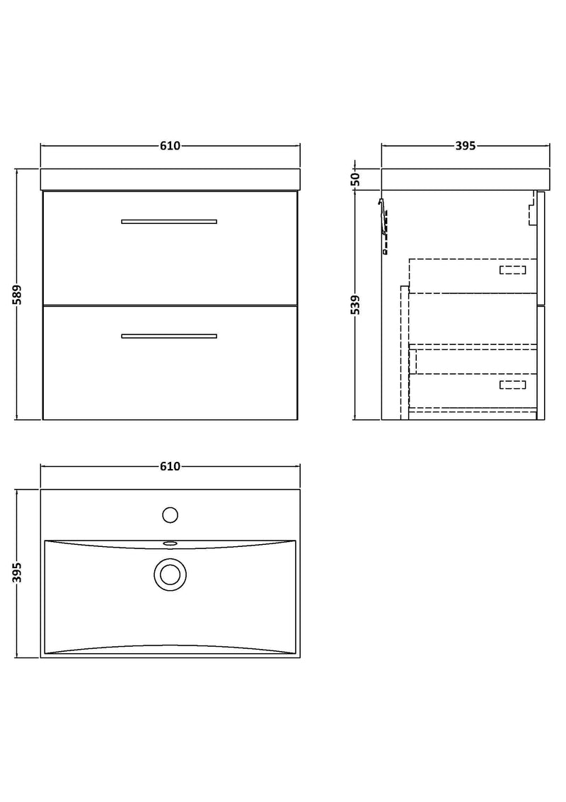 Nuie Arno Wall Hung vanity unit with Thin Edge basin - 600mm (2 Drawers) - dimensioned line drawing