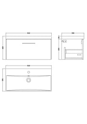 Nuie Arno Wall Hung vanity unit with Thin Edge basin - 800mm (1 Drawer) - dimensioned line drawing