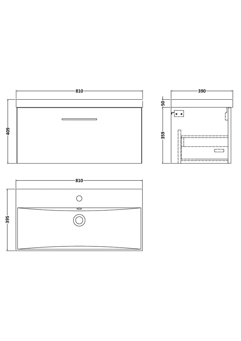 Nuie Arno Wall Hung vanity unit with Thin Edge basin - 800mm (1 Drawer) - dimensioned line drawing