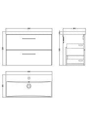 Nuie Arno Wall Hung vanity unit with Thin Edge basin - 800mm (2 Drawers) - dimensioned line drawing