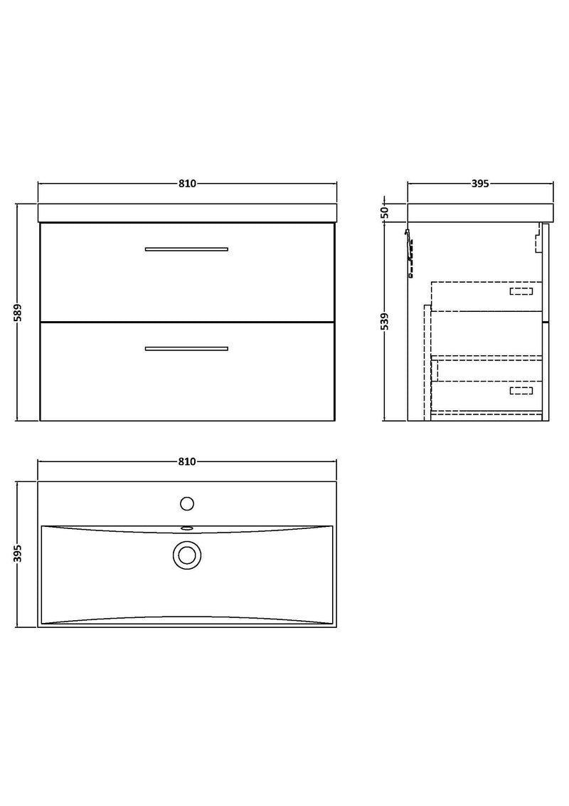 Nuie Arno Wall Hung vanity unit with Thin Edge basin - 800mm (2 Drawers) - dimensioned line drawing