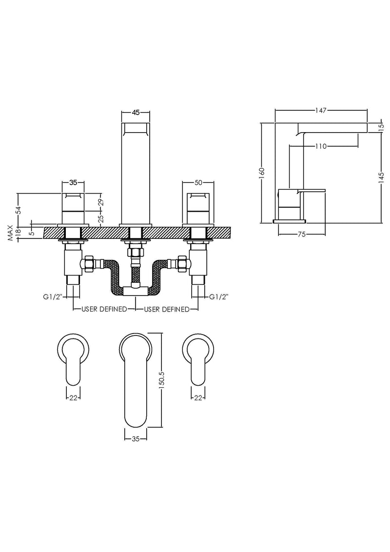 Nuie Arvan 3 Tap Hole Basin Mixer ARV337 dimensions