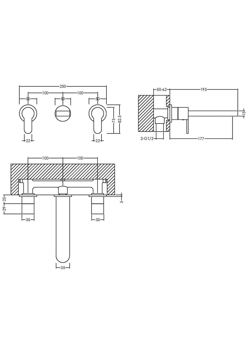 Nuie Arvan 3 Tap Hole Wall Mounted Basin Mixer ARV317 dimensions