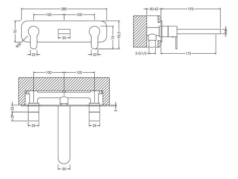 Nuie Arvan 3 Tap Hole Wall Mounted Basin Mixer ARV350 dimensions
