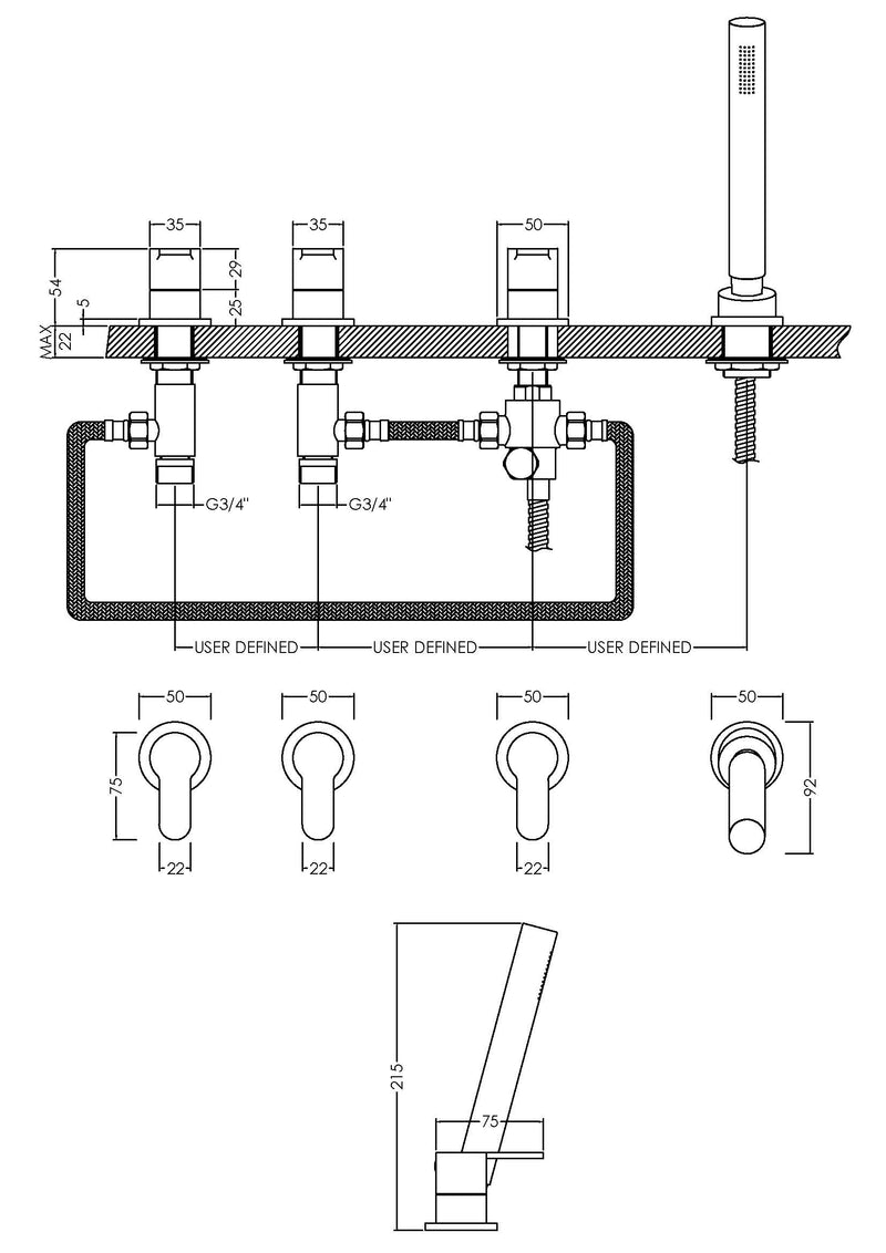 Nuie Arvan 4 Tap Hole Bath Shower Mixer ARV334 dimensions