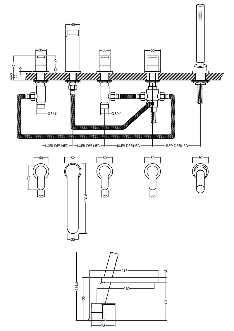 Nuie Arvan 5 Tap Hole Bath Shower Mixer ARV314 dimensions