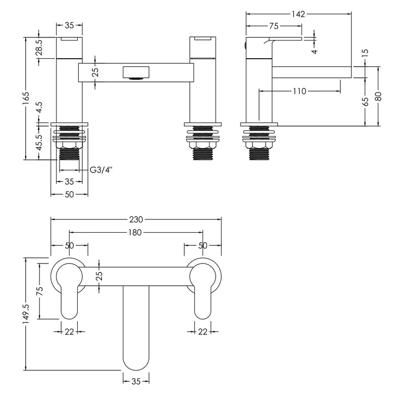 Nuie Arvan Deck Mounted Bath Filler ARV303 dimensions