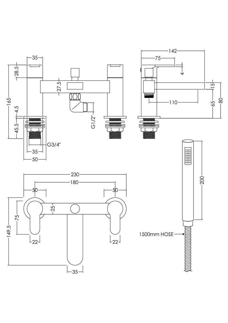 Nuie Arvan Deck Mounted Bath Shower Mixer ARV304 dimensions