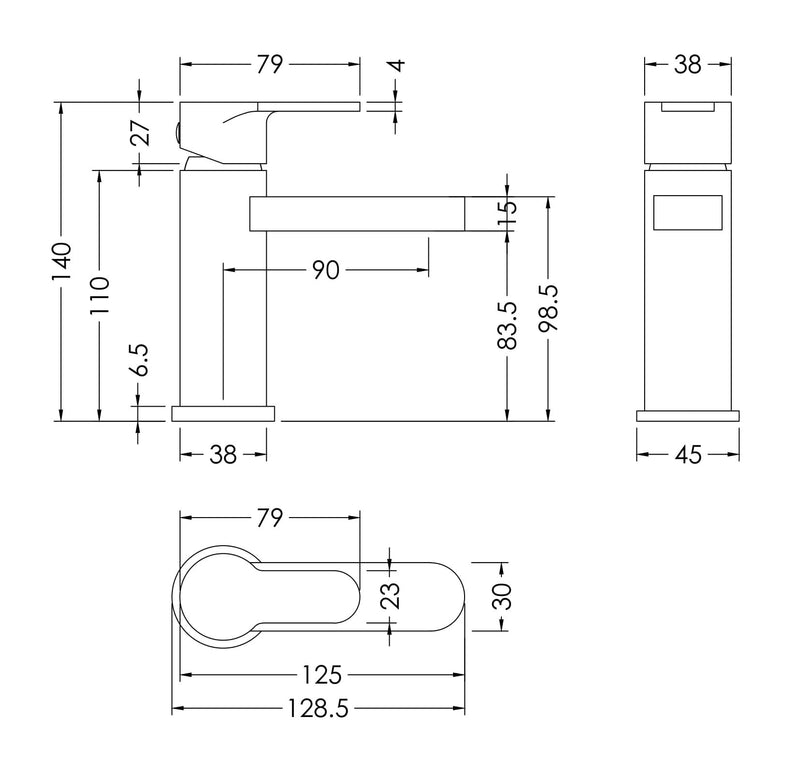 Nuie Arvan Mini Basin Mixer ARV315 dimensions