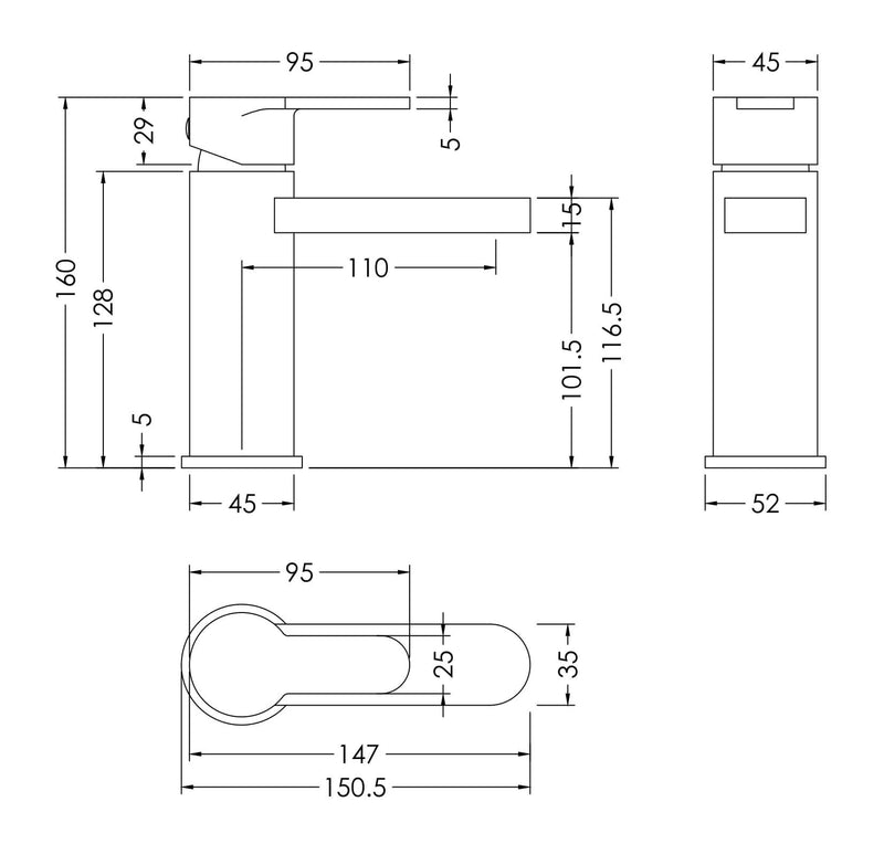 Nuie Arvan Mono Basin Mixer ARV405 dimensions