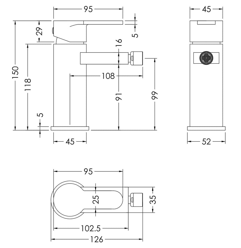 Nuie Arvan Mono Bidet Mixer ARV306 dimensions