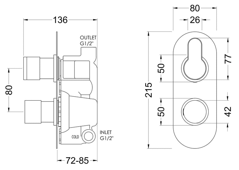 Nuie Arvan Twin Concealed Thermostatic Shower Valve (1 Outlet) Brushed Pewter (ARV7TW01) line drawing