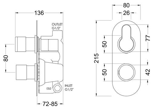 Nuie Arvan Twin Concealed Thermostatic Shower Valve (1 Outlet) Brushed Pewter (ARV7TW01) line drawing