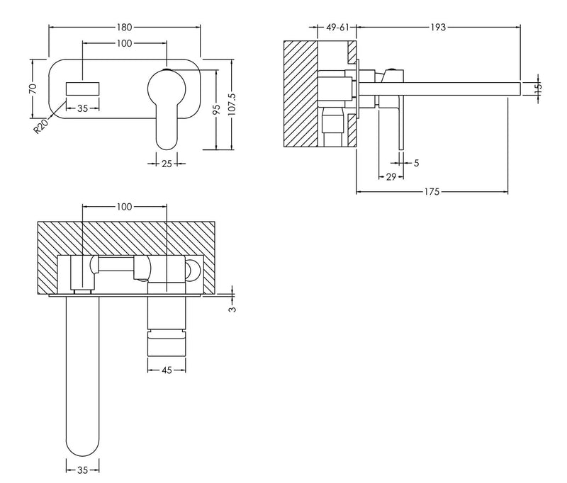 Nuie Arvan Wall Mounted Basin Mixer ARV328 dimensions