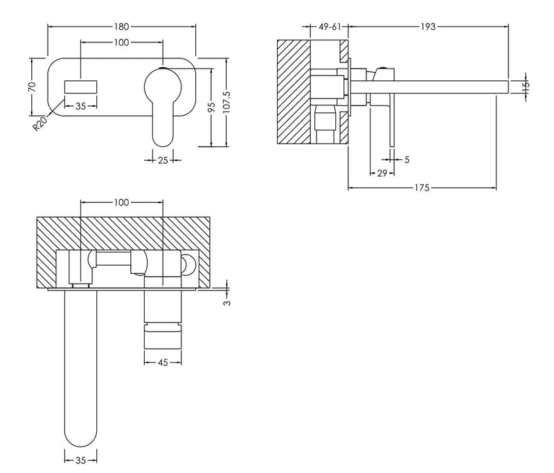Nuie Arvan Wall Mounted Basin Mixer ARV728 dimensions
