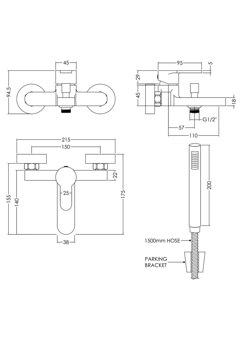 Nuie Arvan Wall Mounted Bath Shower Mixer ARV316 dimensions