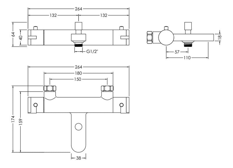 Nuie Arvan Wall Mounted Thermostatic Bath Shower Mixer ARV005 dimensions