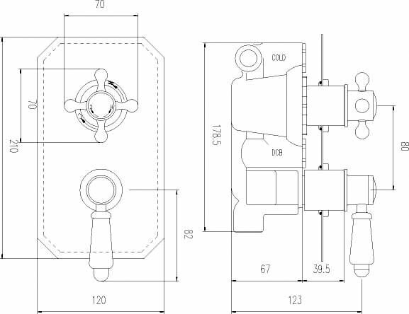 Nuie Ascott Chrome Twin Thermostatic Concealed Shower Valve (1 Outlet) dimensions line drawing