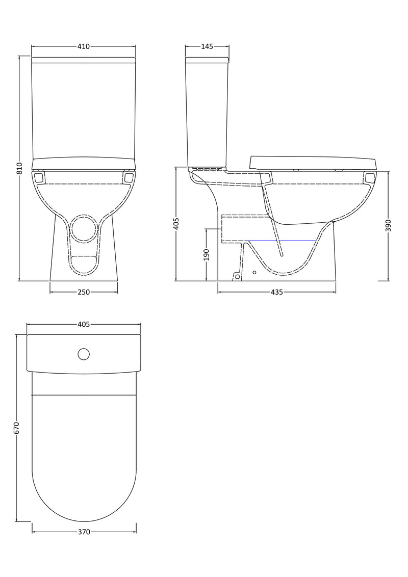 Nuie Asselby 410mm close coupled toilet line drawing with dimensions