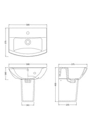 Nuie Asselby 500mm basin and semi pedestal line drawing with dimensions