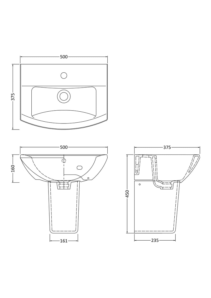 Nuie Asselby 500mm basin and semi pedestal line drawing with dimensions