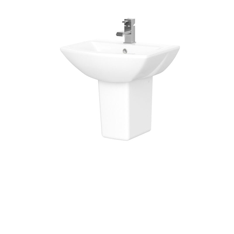 Nuie Asselby 500mm 1 tap hole square cloakroom basin and semi pedestal in white