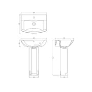 Nuie Asselby 600mm basin and pedestal line drawing with dimensions