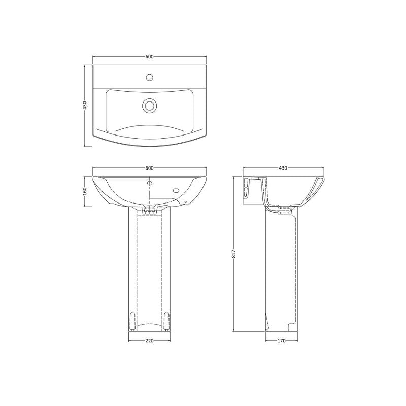 Nuie Asselby 600mm basin and pedestal line drawing with dimensions