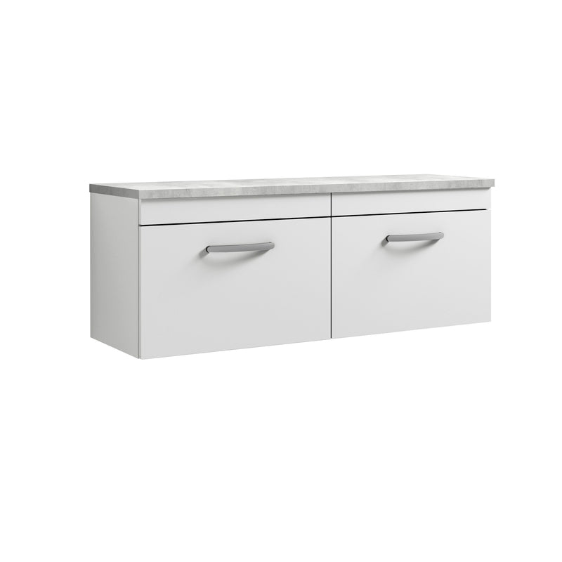 Nuie Athena 1200mm 2 Drawer Wall Hung Vanity Unit with Bellato Grey Worktop - Gloss White