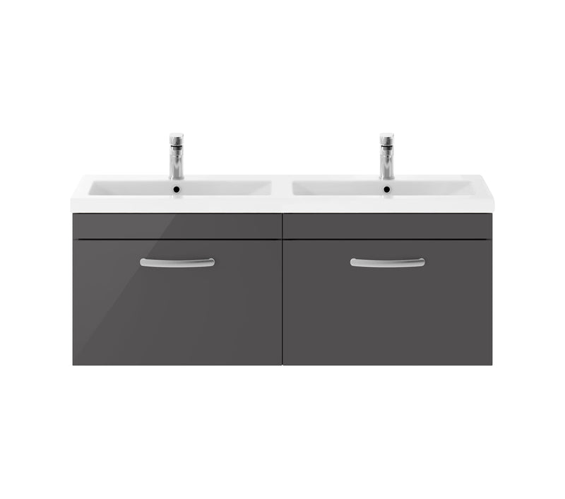 Nuie Athena 1200mm 2 Drawer Wall Hung Vanity Unit with Ceramic Basin - Gloss Grey