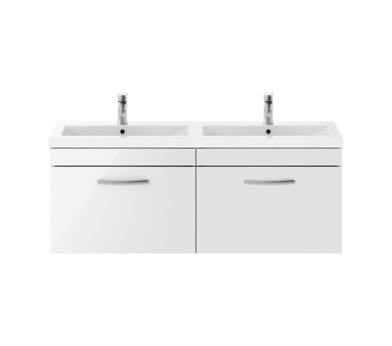 Nuie Athena 1200mm 2 Drawer Wall Hung Vanity Unit with Ceramic Basin - Gloss White