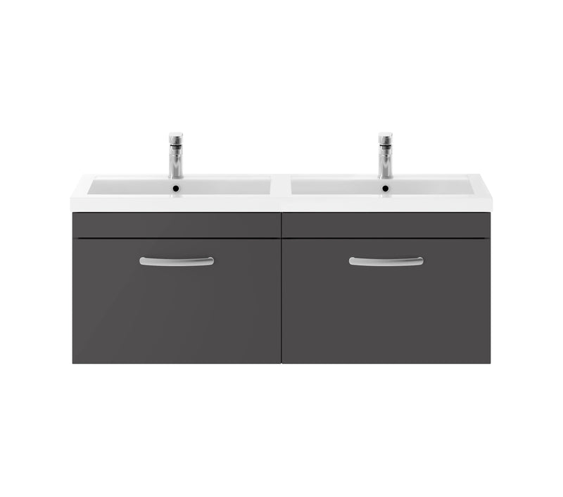 Nuie Athena 1200mm 2 Drawer Wall Hung Vanity Unit with Polymarble Basin - Gloss Grey