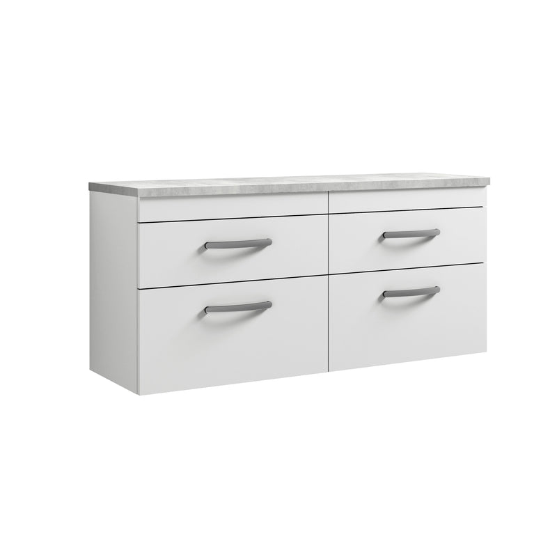 Nuie Athena 1200mm 4 Drawer Wall Hung Vanity Unit with Bellato Grey Worktop - Gloss White