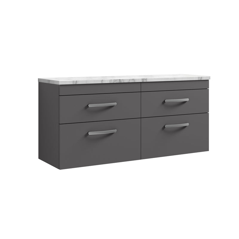 Nuie Athena 1200mm 4 Drawer Wall Hung Vanity Unit with Carrara Laminate Worktop - Gloss Grey