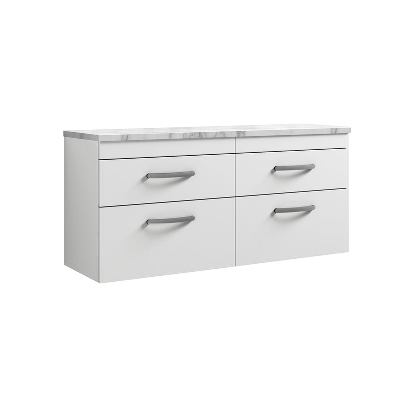 Nuie Athena 1200mm 4 Drawer Wall Hung Vanity Unit with Carrara Laminate Worktop - Gloss White