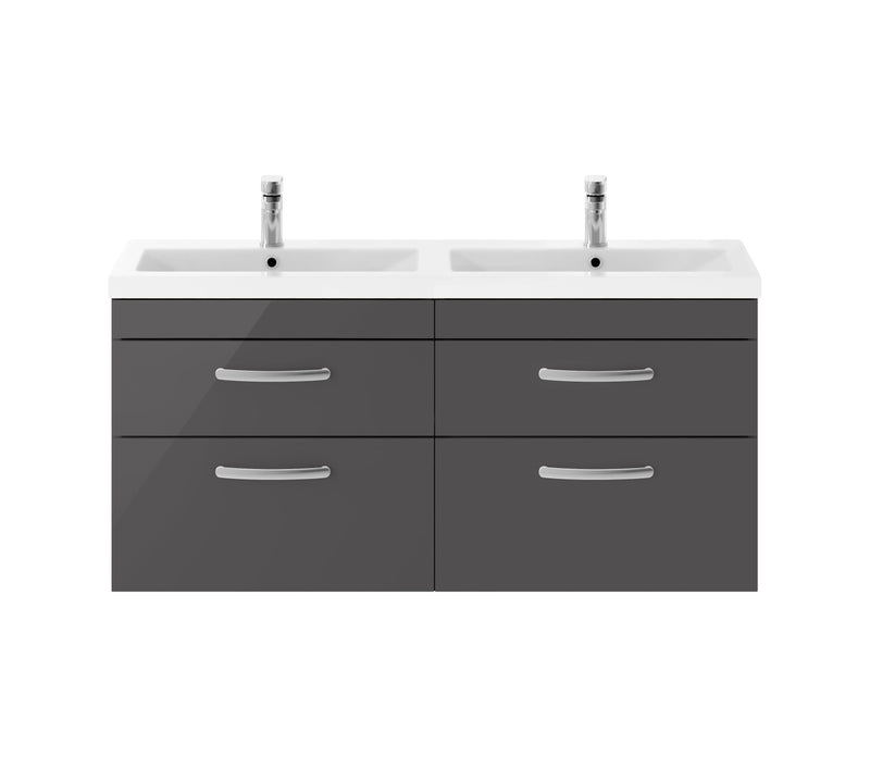 Nuie Athena 1200mm 4 Drawer Wall Hung Vanity Unit with Ceramic Basin - Gloss Grey