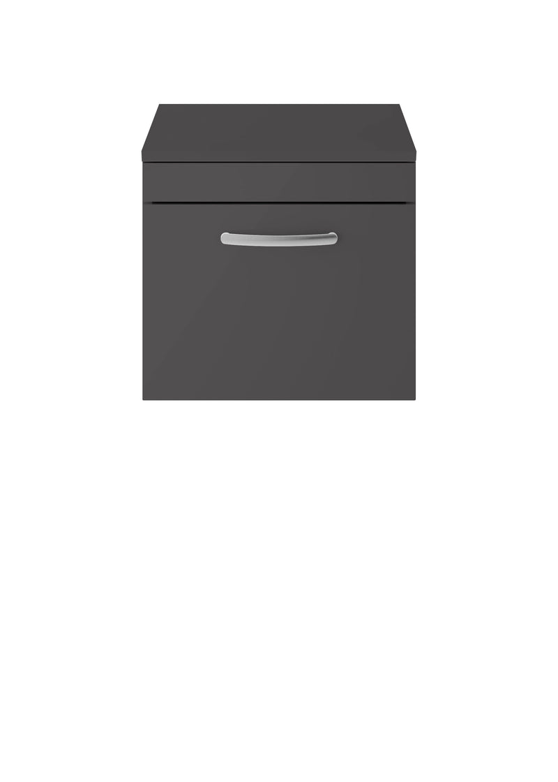 Nuie Athena 500mm 1 Drawer Wall Hung Vanity Unit with Co-ordinating Worktop - Gloss Grey