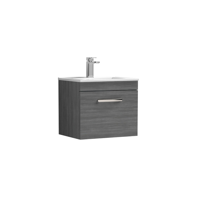Nuie Athena 500mm 1 Drawer Wall Hung Vanity Unit with Minimalist Basin - Anthracite Woodgrain