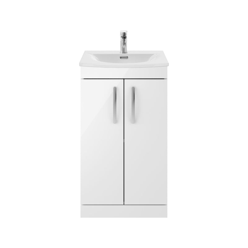 Nuie Athena 500mm 2 Door Floor Standing Vanity Unit with Curved Basin - Gloss White