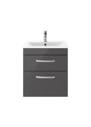 Nuie Athena 500mm 2 Drawer Wall Hung Vanity Unit with Minimalist Basin - Gloss Grey