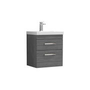 Nuie Athena 500mm 2 Drawer Wall Hung Vanity Unit with Thin Edge Basin - Anthracite Woodgrain