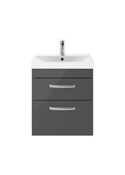 Nuie Athena 500mm 2 Drawer Wall Hung Vanity Unit with Thin Edge Basin - Gloss Grey