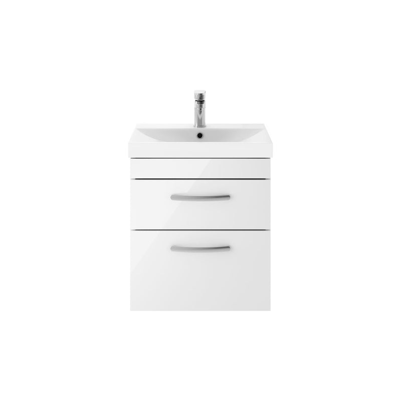 Nuie Athena 500mm 2 Drawer Wall Hung Vanity Unit with Thin Edge Basin - Gloss White