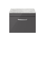 Nuie Athena 600mm 1 Drawer Wall Hung Vanity Unit with Bellato Grey Worktop - Gloss Grey